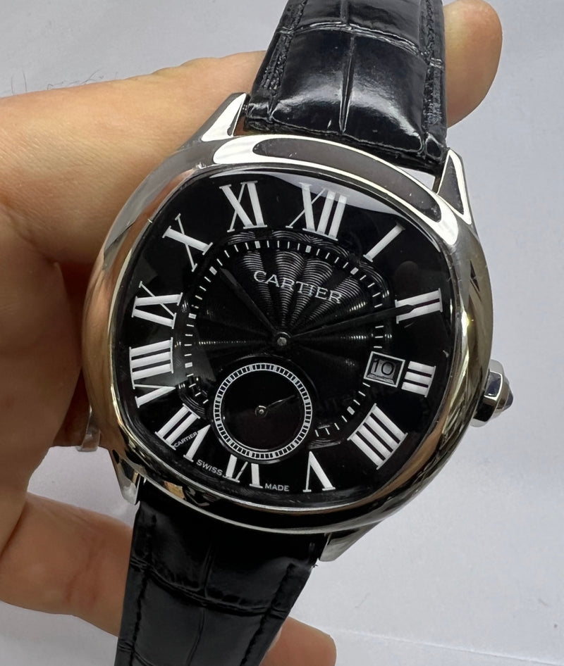 Cartier Drive 41mm Aço - Mostrador Preto - Pulseira Couro