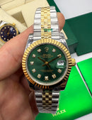 Rolex Date-Just 31mm/36mm Aço/Dourado, Mostrador Verde, Luneta Canelada