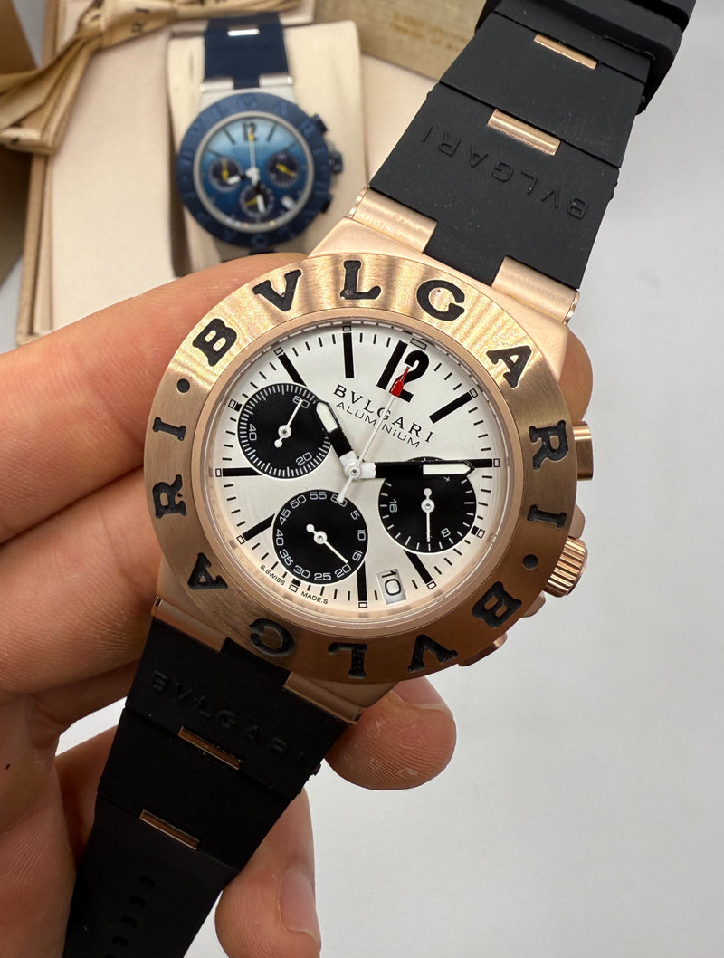 Bvlgari Aluminium Crono 41mm - Aço/Rose - Mostrador Branco