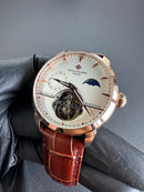 Patek Phillippe Turbilhão 42mm Aço Rosê Mostrador Branco, Pulseira Couro