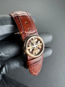 Patek Phillippe Turbilhão 42mm Aço Rosê Mostrador Branco, Pulseira Couro