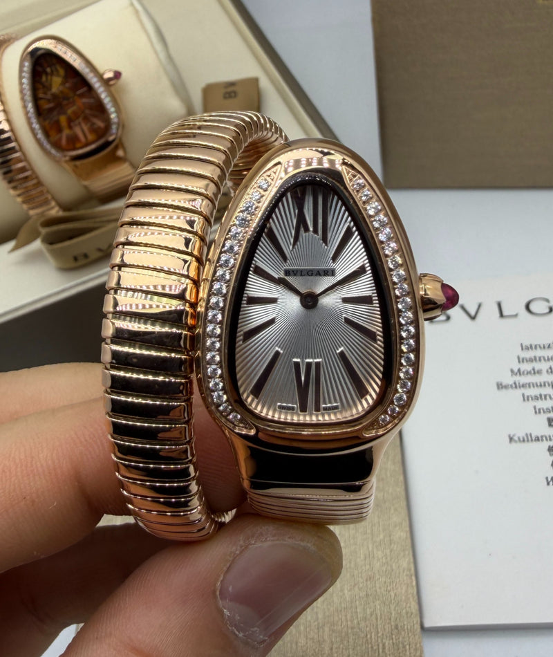 Bvlgari Serpenti Tubogas 01 Volta 35mm Aço/Rose Mostrador Cinza - Cravejado