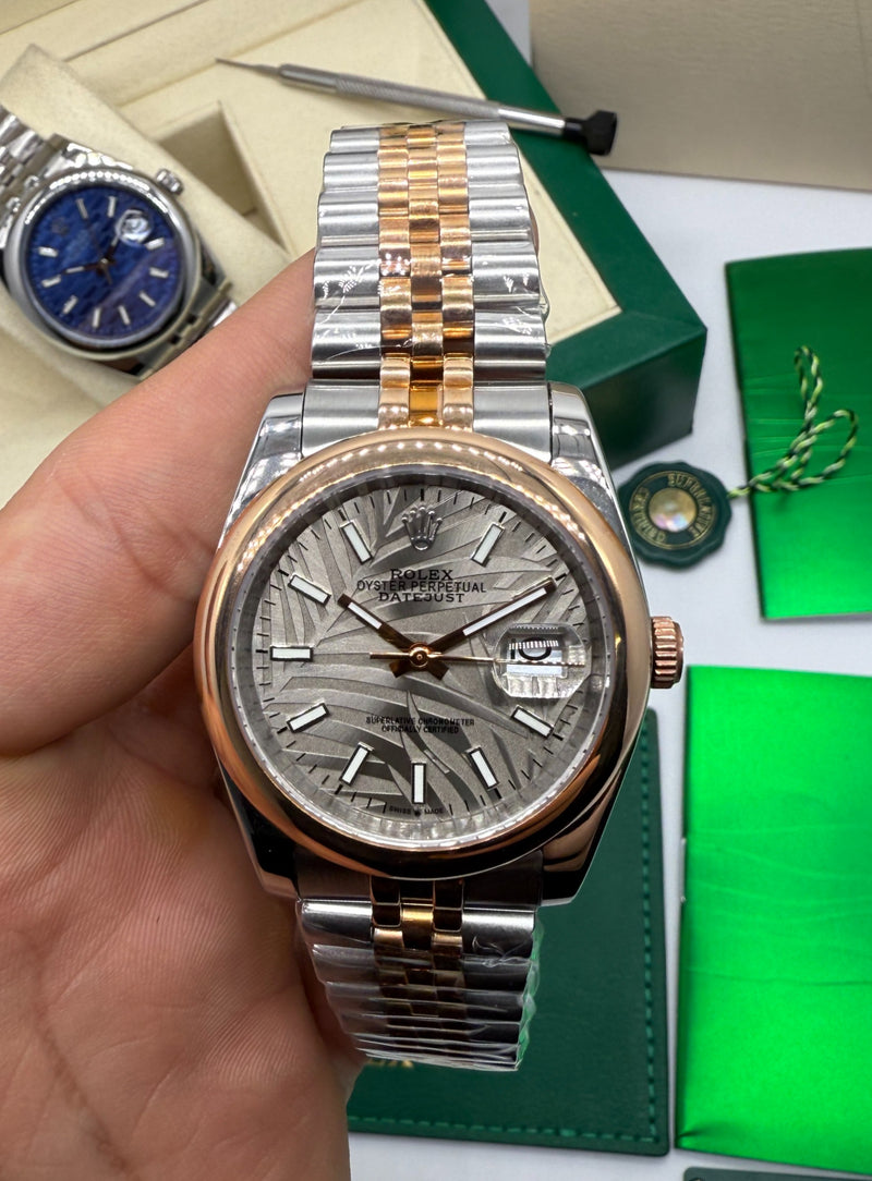 Rolex DateJust 36mm Aço/Rose, Mostrador Cinza, Pulseira Jubilee