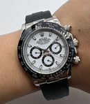 Rolex Daytona 40mm Aço Mostrador Branco Luneta Preta Pulseira Oysterflex