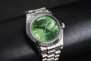 Rolex Day-Date 40mm Aço, Mostrador Verde Luneta Canelada