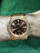 Hublot Classic Fusion 45mm Aço Rosê Mostrador Marrom Puls. Couro com Borracha