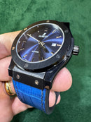 Hublot Classic Fusion 45mm Aço OxBlack Mostrador Azul Pulseira Couro com Borrach