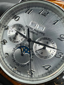 Patek Phillippe Fases da Lua 42mm Aço Mostrador Prata, Pulseira Couro
