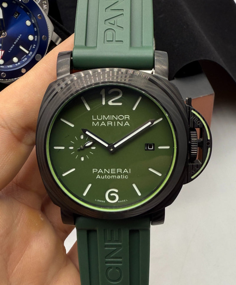 Panerai Luminor Marina 44mm Aço/OxBlack Mostrador Verde Pulseira Borracha