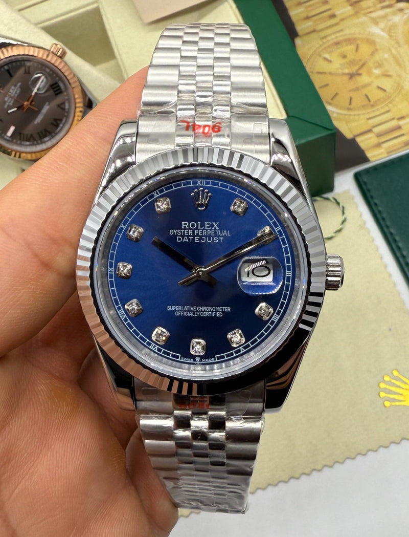 Rolex Date-Just 41mm/36mm/31mm Aço/Dourado, Mostrador Azul, Luneta Canelada