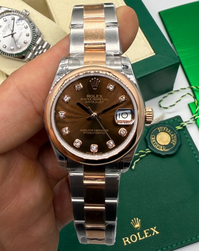 Rolex Datejust Aço/Rose 36mm/31mm, Most. Marrom Cravejado, Puls. Oyster - CLONE