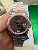 Rolex Date-Just 31mm/36mm Aço/Rose, Mostrador Marrom, Luneta Canelada