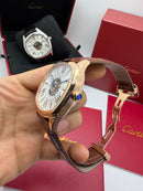 Cartier Drive 41mm Turbilhão Central Aço/Rose - Mostrador Branco, Pulseira Couro