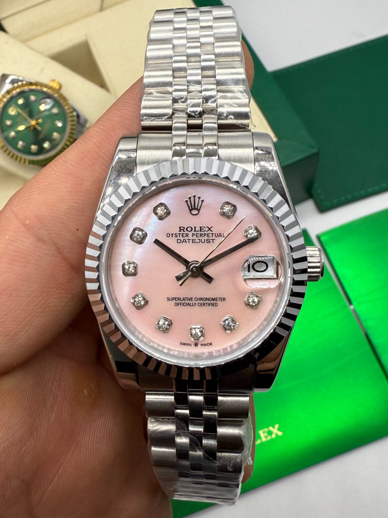 Rolex Datejust 31mm/36mm Aço, Mostrador Rosa Madre Perola, Luneta Canelada