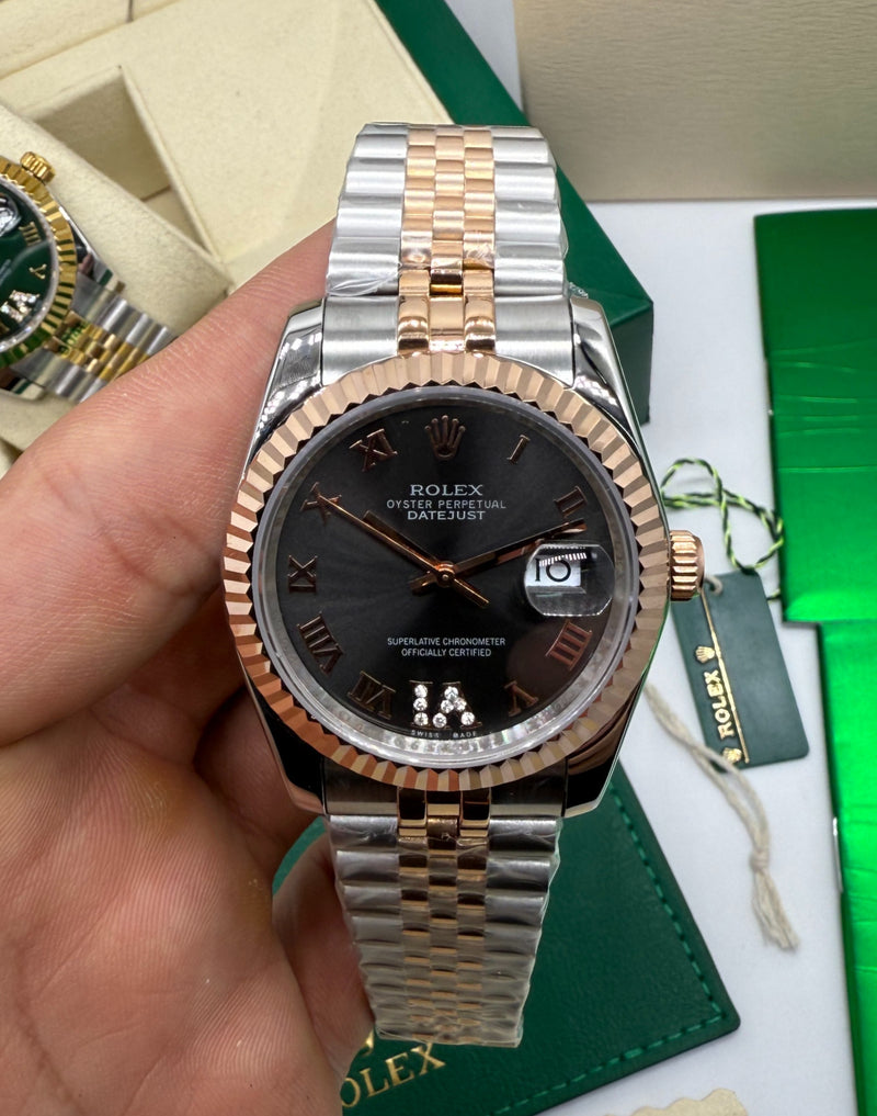 Rolex Date-Just 31mm/36mm Aço/Rose, Mostrador Cinza, Luneta Canelada