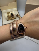 Bvlgari Serpenti Tubogas 02 Volta 35mm Aço/Rose Mostrador Preto - Cravejado