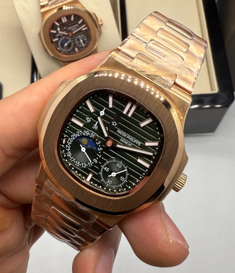 Patek Philippe Nautilus Fases da Lua 40mm, Aço/Rose, Mostrador Verde