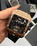 Hublot Square Bang Turbilhão Aço/Rose 45mm, Mostrador Preto Esqueleto