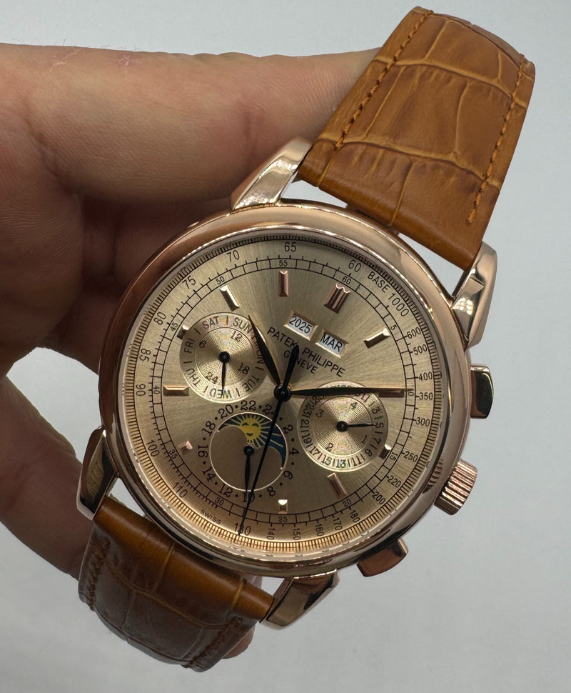 Patek Phillippe Fases da Lua 42mm Aço/Rose, Pulseira Couro