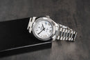 Rolex Day-Date 40mm Aço, Mostrador Branco Luneta Canelada