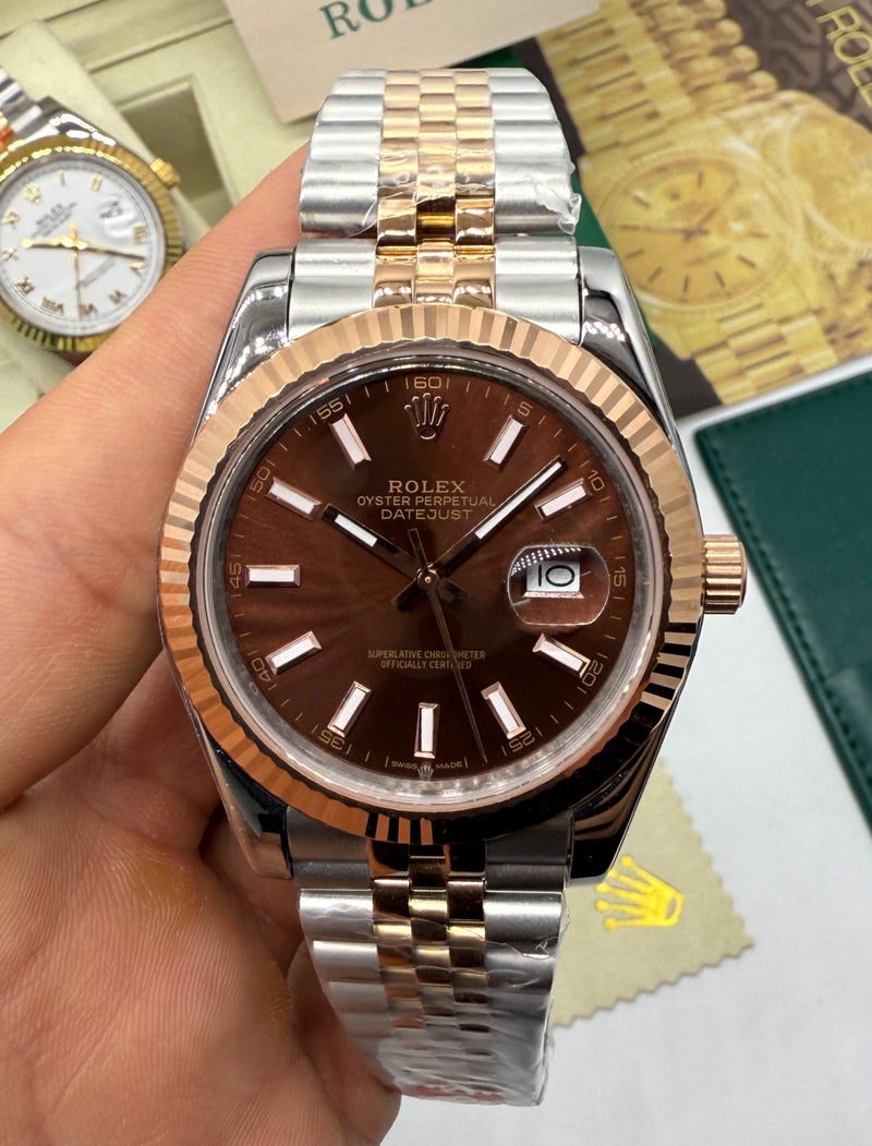 Rolex Date-Just 41mm/36mm Aço/Dourado, Mostrador Marrom, Luneta Canelada