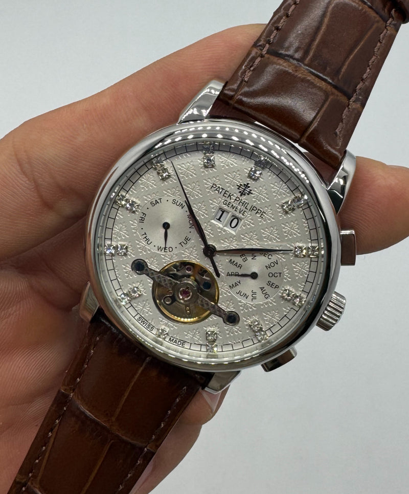 Patek Phillippe Turbilhão 42mm Aço, Pulseira Couro - Diamond