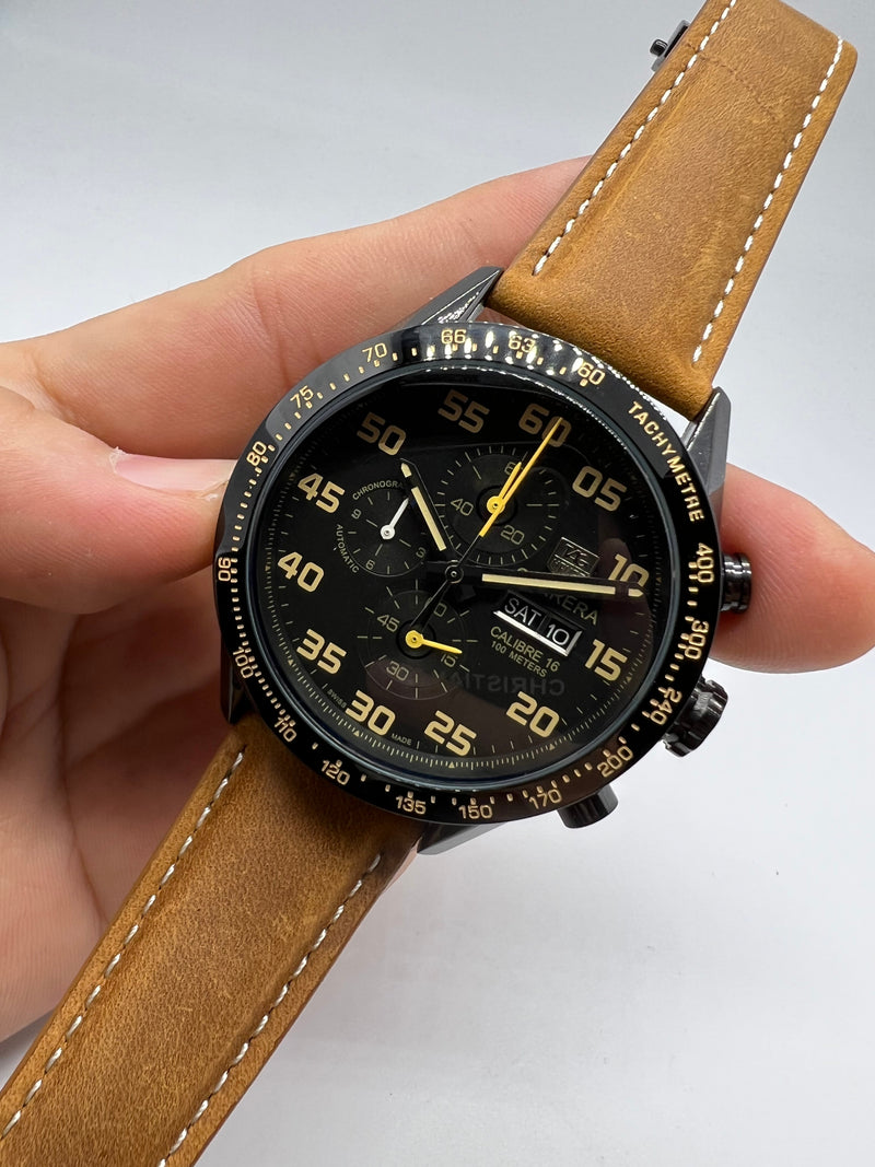 Tag Heuer Carrera Aço OxBlack 43mm, Mostrador Preto, Puls. Couro