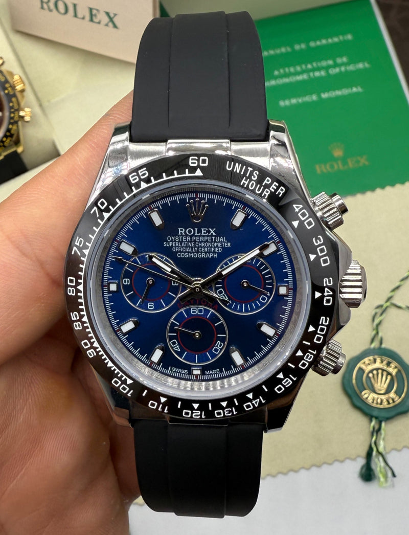 Rolex Daytona 40mm Aço Mostrador Azul Luneta Preta, Pulseira OysterFlex
