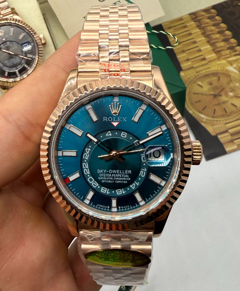 Rolex Sky-Dweller - 42 mm, Everose - Mostrador Azul Esverdeado - Jubilee - CLONE