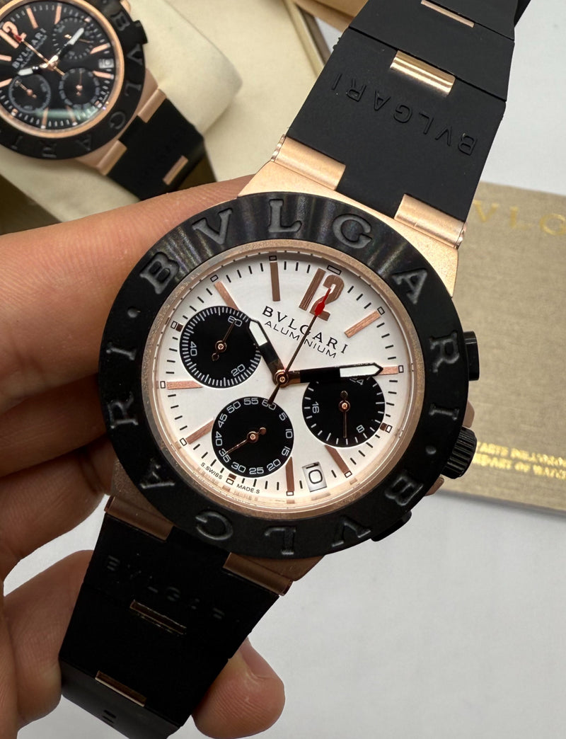 Bvlgari Aluminium Crono 41mm - Aço/Rose - Mostrador Branco