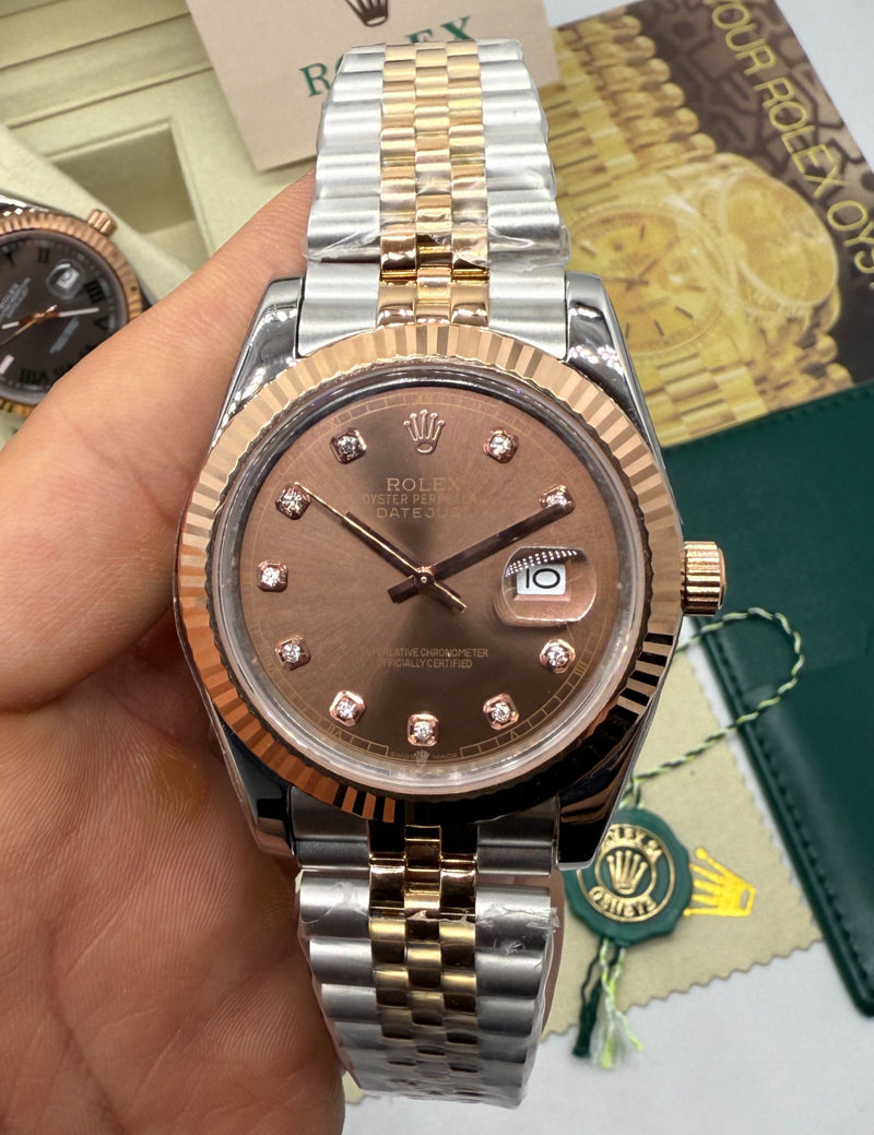 Rolex Date-Just 31mm/36mm Aço/Rose, Mostrador Marrom, Luneta Canelada