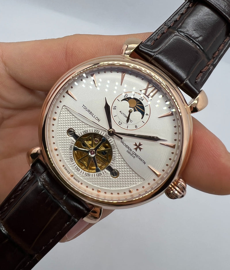 Vacheron Constantin Fases da Lua Turbilhão Aço/Rose 42mm, Mostrador Branco