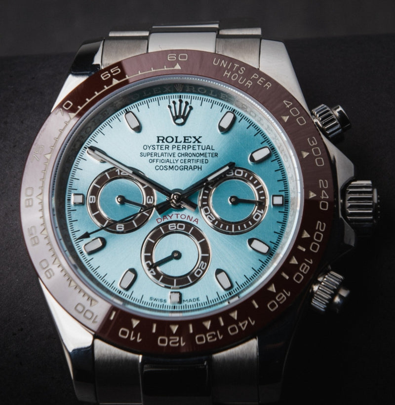 Rolex Daytona Ice Blue 40mm Aço Mostrador Azul Luneta Marrom