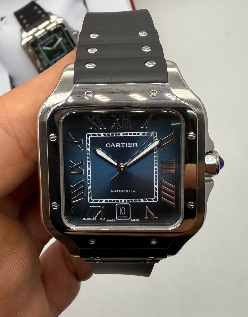 Cartier Santos 40mm - Aço Mostrador Azul - Pulseira Borracha