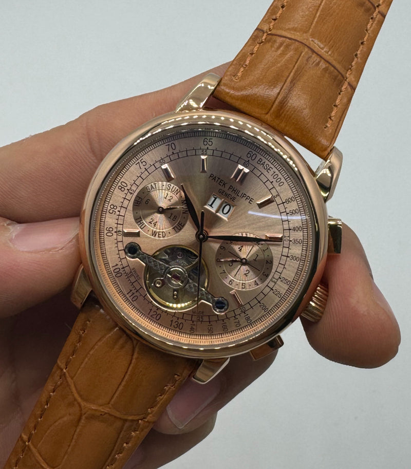 Patek Phillippe Turbilhão 42mm Aço/Dourado, Pulseira Couro