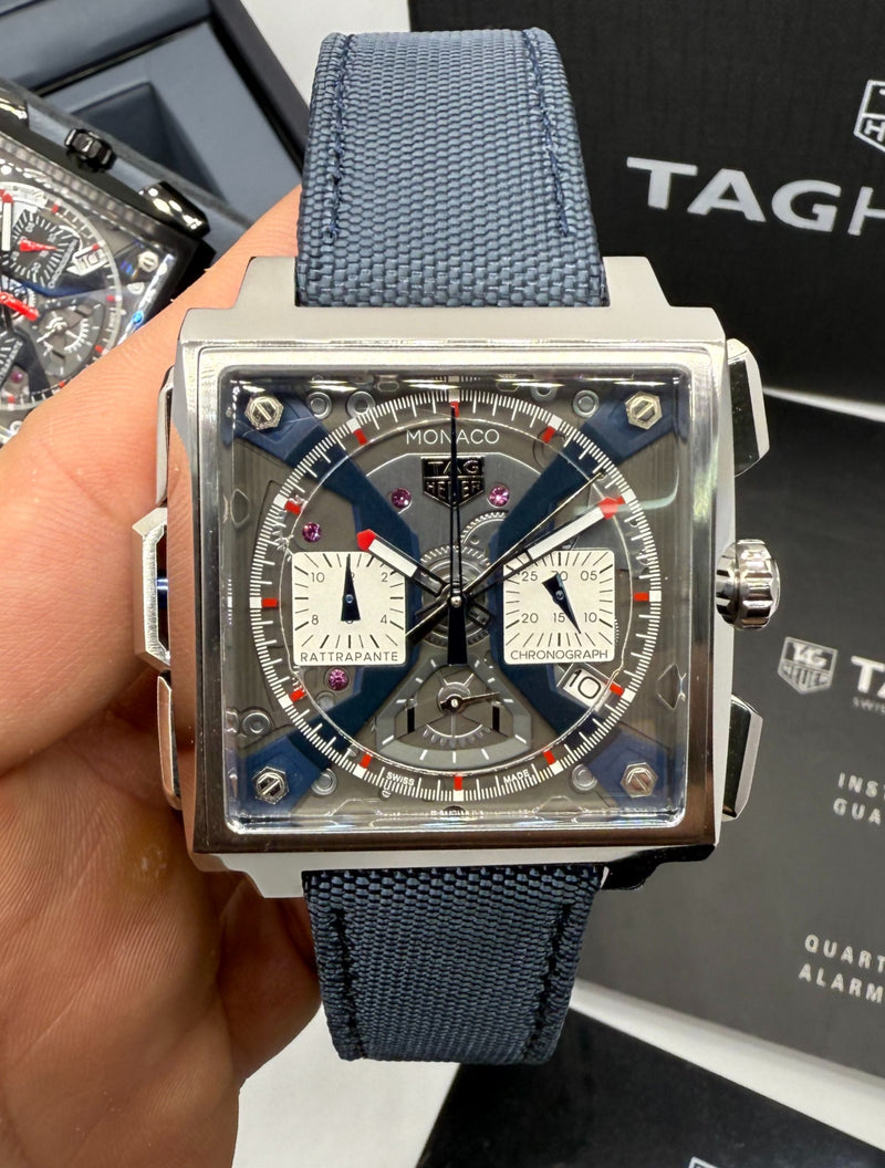 TAG Heuer Monaco Split-Seconds Chronograph 44mm, Mostrador Prata e Azul