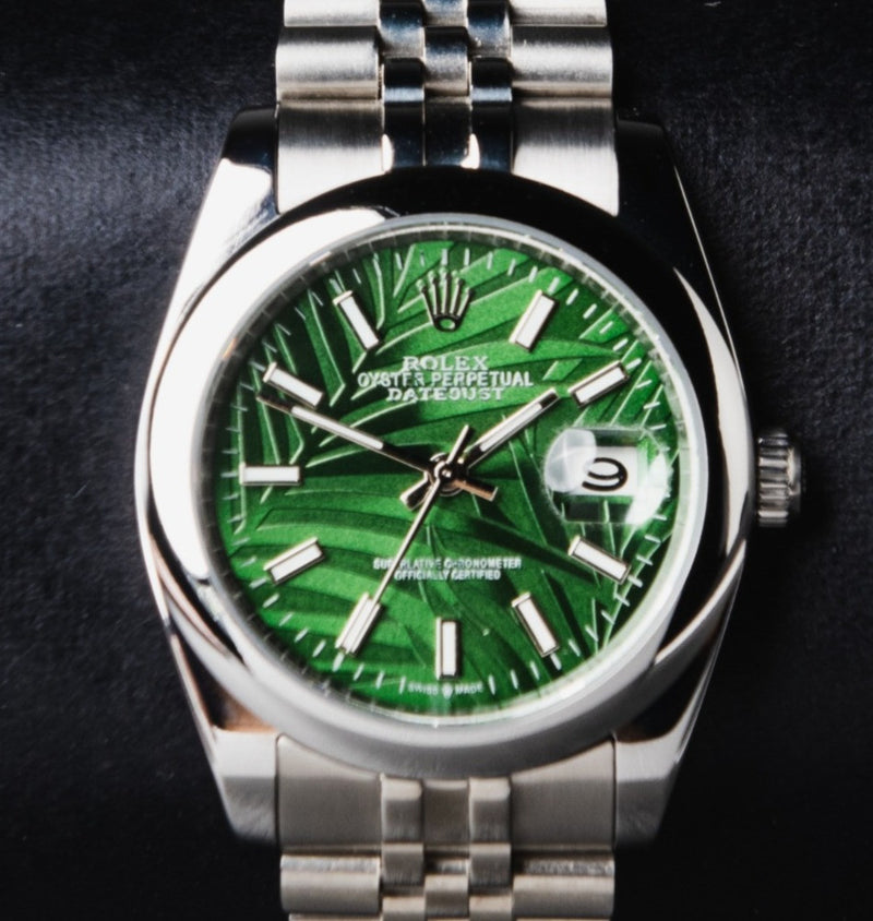 Rolex Datejust 36mm Aço Mostrador Verde-Folhas Luneta Abaulada