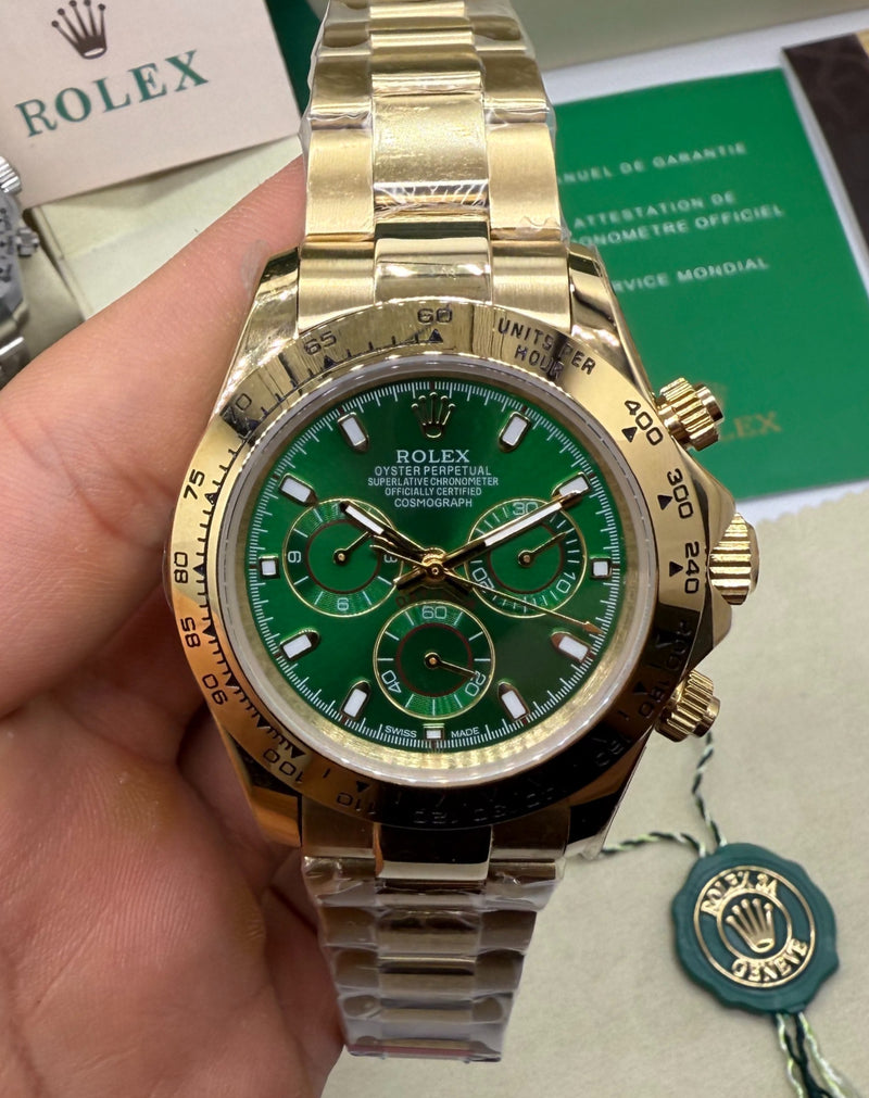 Rolex Daytona 40mm Todo Aço Dourado Mostrador Verde Pulseira Aço
