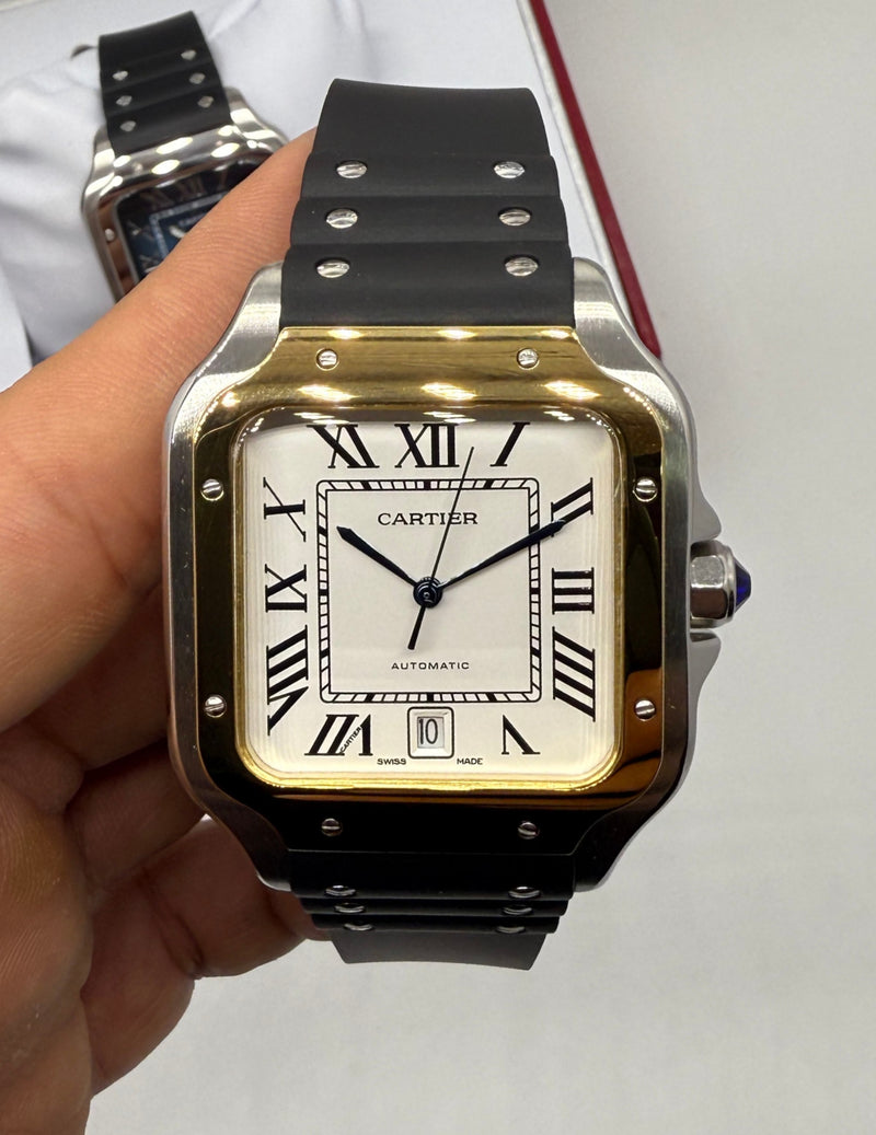 Cartier Santos 40mm - Aço/Dourado Mostrador Branco - Pulseira Borracha