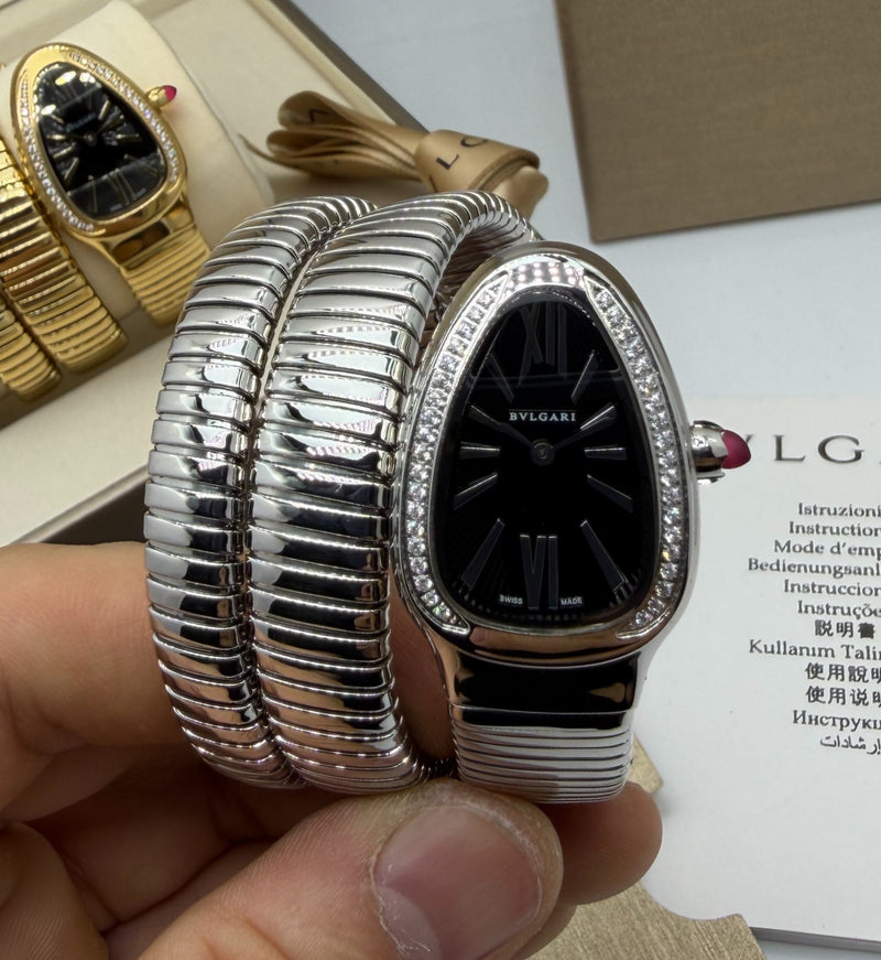Bvlgari Serpenti Tubogas 02 Volta 35mm Aço Mostrador Preto - Cravejado