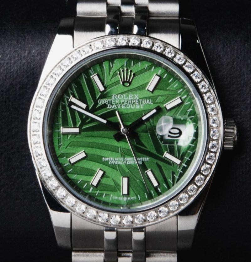 Rolex Datejust 36mm Aço Mostrador Verde-Folhas Luneta Cravejada