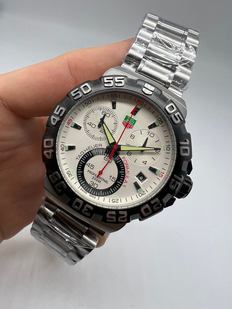Tag Heuer F1 Cronometro 44mm Aço Mostrador Branco Luneta Preta
