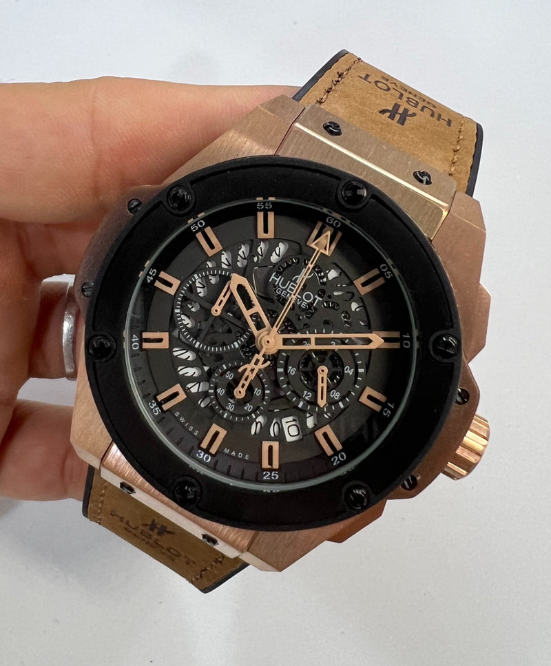 Hublot King Power 48mm Aço/Rose, Mostrador Preto Esqueleto