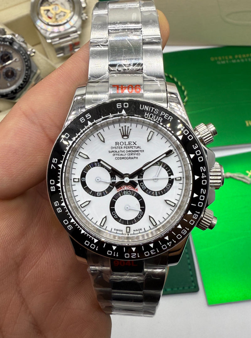 Rolex Daytona 40mm Aço Mostrador Branco, Luneta Preto
