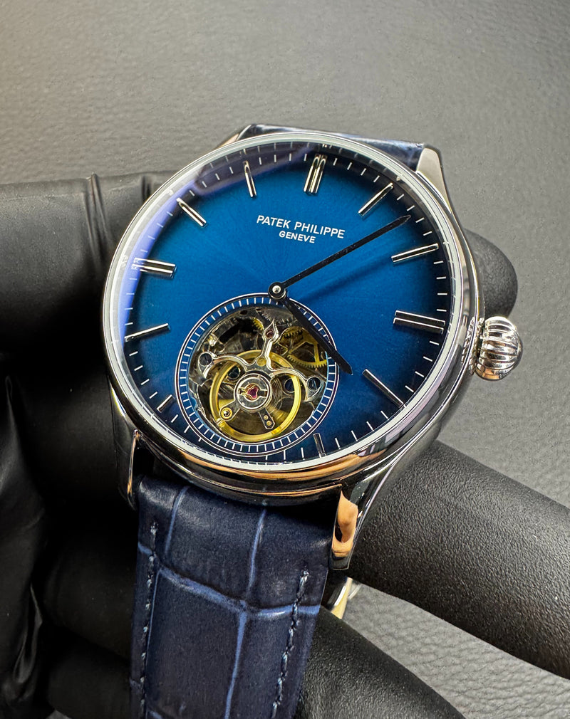 Patek Phillippe Turbilhão 42mm Aço Mostrador Azul, Pulseira Couro