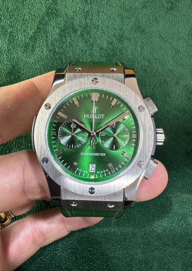 Hublot Classic Chrono 45mm Aço Mostrador Verde Pulseira Couro com Borracha