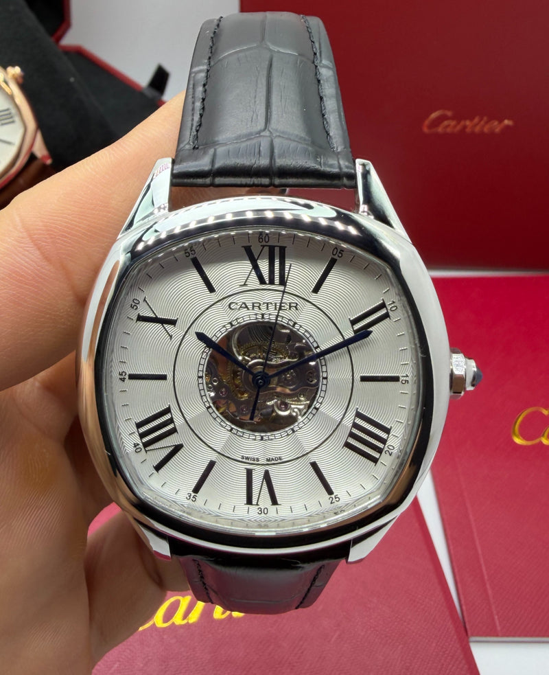 Cartier Drive 41mm Turbilhão Central Aço - Mostrador Branco - Pulseira Couro