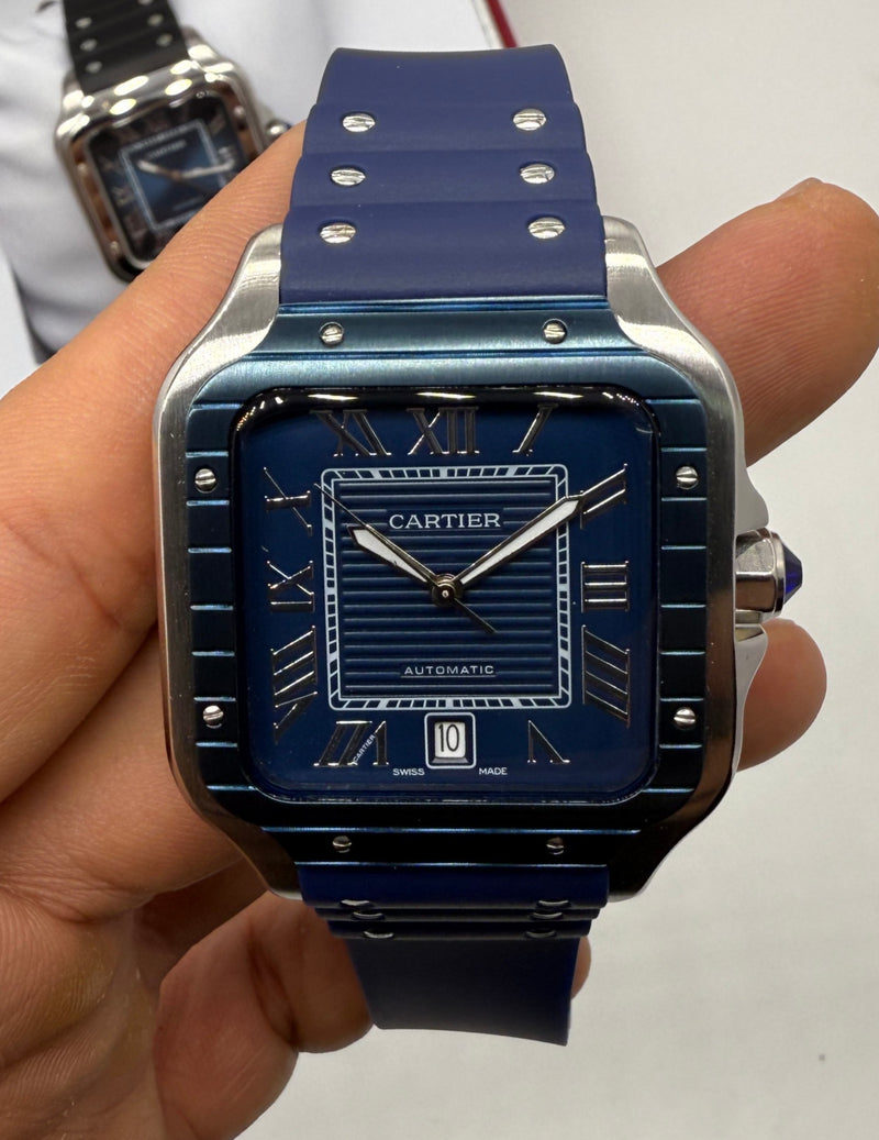 Cartier Santos 40mm - Aço Mostrador Azul - Pulseira Borracha