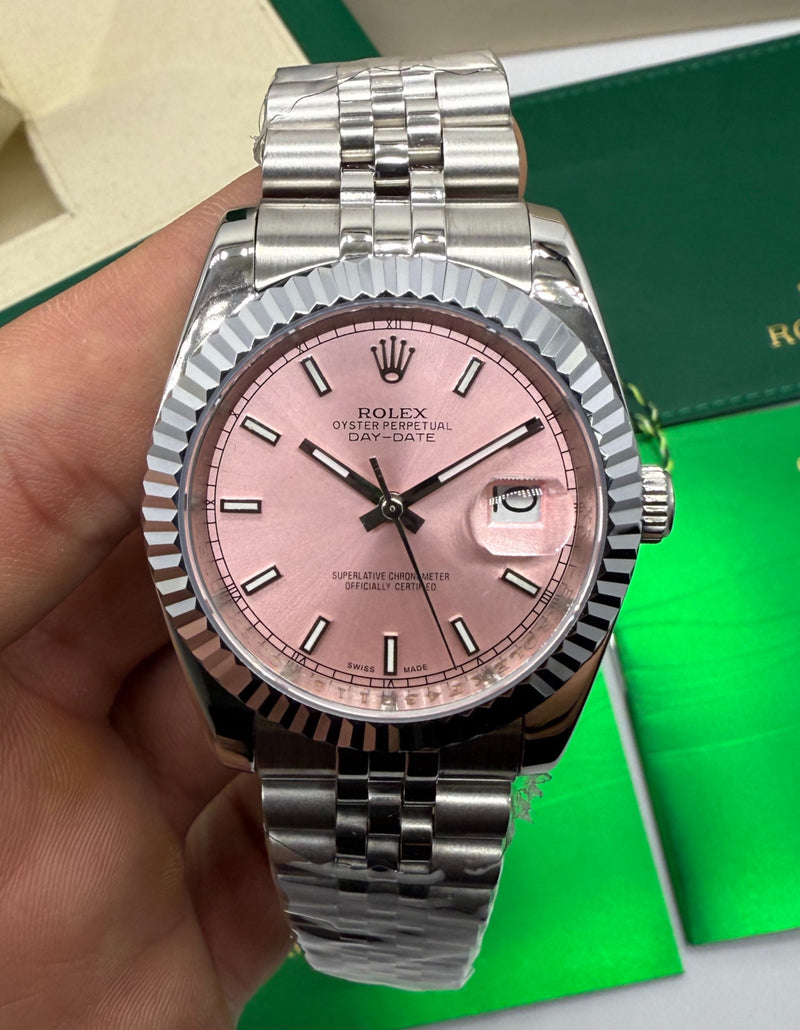 Rolex Date-Just 36mm Aço, Mostrador Rosa, Luneta Canelada
