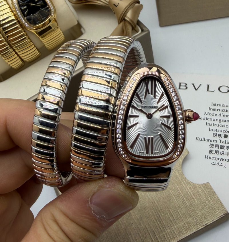 Bvlgari Serpenti Tubogas 02 Volta 35mm Aço/Rose Mostrador Prata - Cravejado